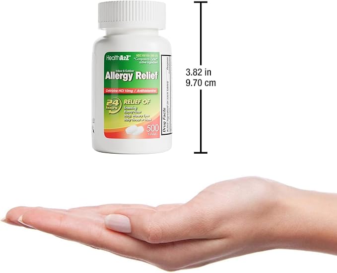 HealthA2Z® Allergy Relief, Cetirizine 10mg, Dye-Free Formula, 24-Hour Antihistamine, Indoor & Outdoor Allergy Relief, 500 Tablets