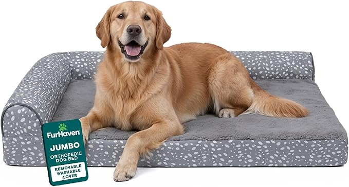 FurHaven Orthopedic Dog Bed for Large Dogs, L-Shaped Chaise Mattress, Egg Crate with a Solid Orthopedic Foam Base for Joint Support, Removable, Washable Cover, Jumbo XL, Plush & Velvet, Gray Almonds