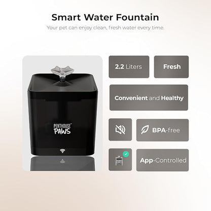 Penthouse Paws Smart Cat Water Fountain 2.2L, App Controlled Automatic Water Dispenser, Ultra Quiet Pump, 5-Stage Filter, Whisker Friendly Bowl, for Cat & Dog, Black
