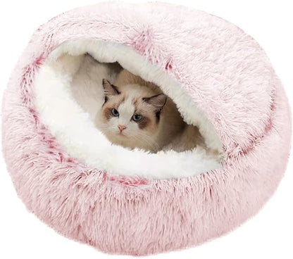 SUOXU Anti-Anxiety Cat Bed, Plush Hooded Cave, 20 in Diameter, Suitable for Small to Medium Pets, Pink