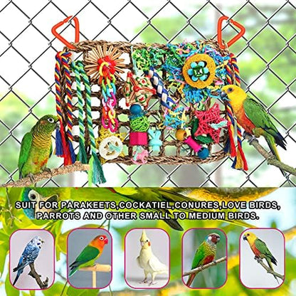Foraging Toys for Parakeets Cockatiel Conures Lovebirds - Seagrass Wall with Various Bird Toys