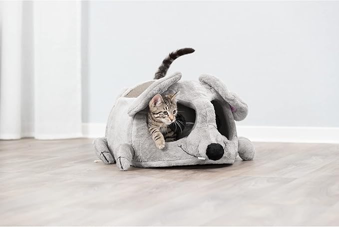 TRIXIE Lukas Cuddly Cave, Plush Mouse Character Cat Condo, Sisal Cat Scratcher, Crinkle Fabric, Padded Bed, Gray
