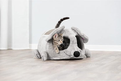 TRIXIE Lukas Cuddly Cave, Plush Mouse Character Cat Condo, Sisal Cat Scratcher, Crinkle Fabric, Padded Bed, Gray