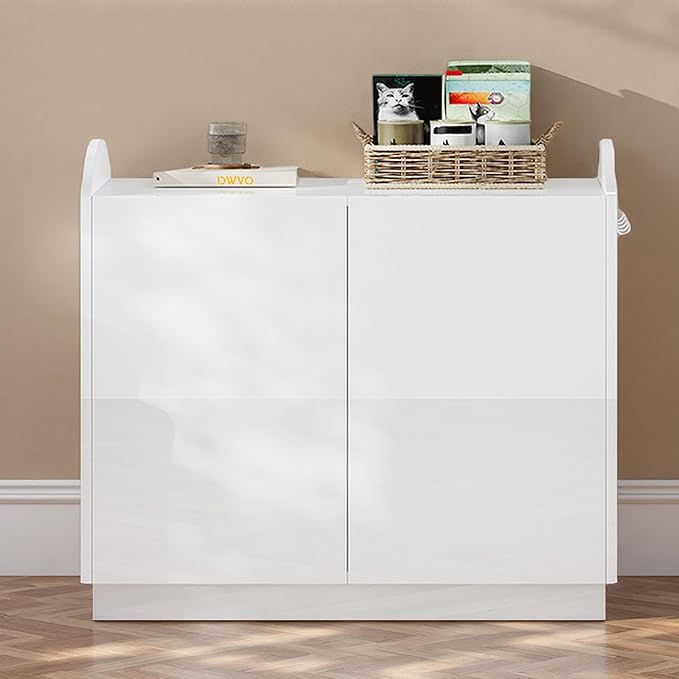 YITAHOME Hidden Cat Litter Box Enclosure, 31 Inch Litter Box Furniture with Hooks for Large Medium Cats, High-Gloss Wooden Cat Cabinet for Indoor Cats, White