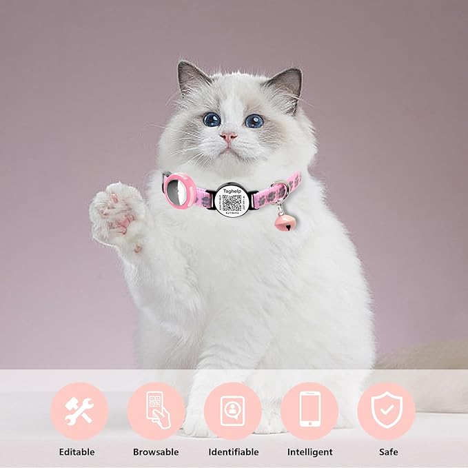 Waterproof Breakaway Cat Collar with Paw Prints - Secure Apple AirTag Holder, Smart QR Code Tag for Instant Location Alerts (No App), Adjustable GPS Tracker Collar for Cats (Pink)
