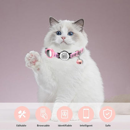 Waterproof Breakaway Cat Collar with Paw Prints - Secure Apple AirTag Holder, Smart QR Code Tag for Instant Location Alerts (No App), Adjustable GPS Tracker Collar for Cats (Pink)