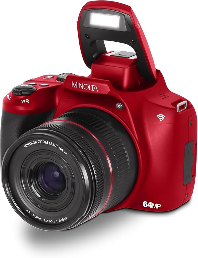 Minolta ProShot 64MP Digital Camera – 10x Optical Zoom, 4K Ultra HD Video, Macro Shooting, Anti-Shake, 3-inch LCD Screen, Face Detection – Includes 32GB SD Card, Battery & Case (Red)