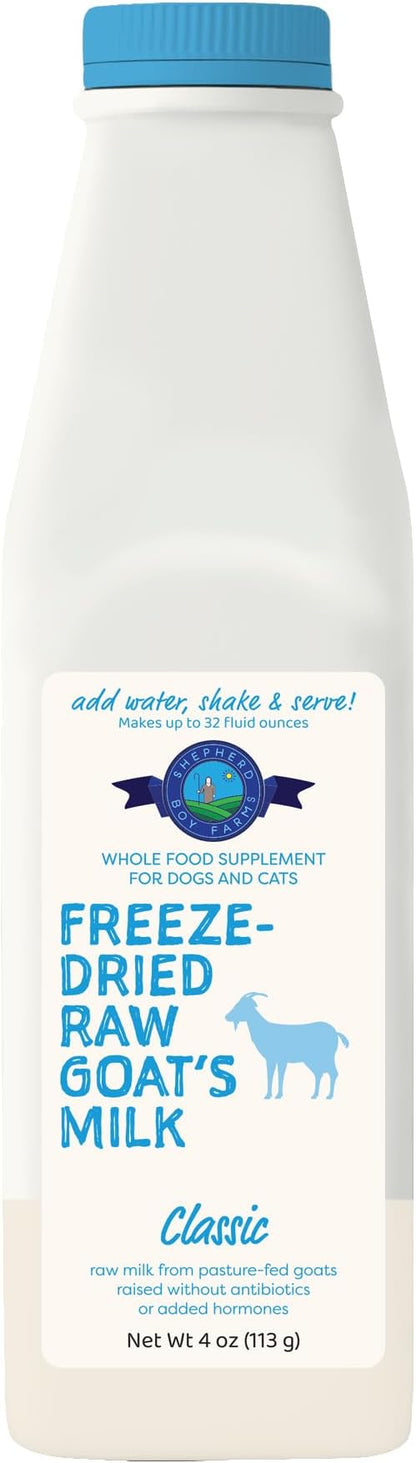 Shepherd Boy Farms Freeze Dried Raw Goats Milk with Probiotics for Dogs & Cats (Classic), High Protein Digestible Goat Milk for Sensitive Stomachs, Food Topper, Dog Camping Essentials - Makes 32 FL OZ