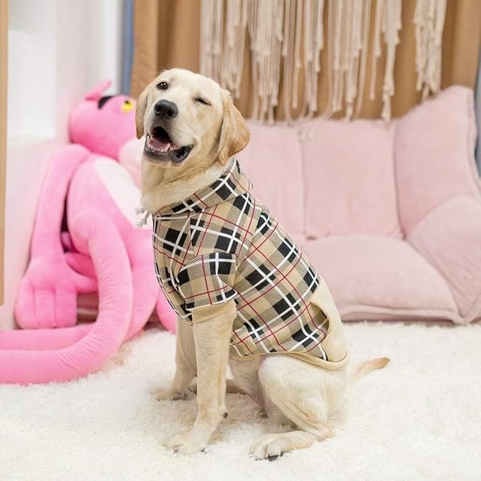 EXPAWLORER Plaid Dog Hoodie - British Style Warm Dog Sweater Shirt with Leash Hole,Pitbull Clothes Outfits,Winter Coat Apparel for All Breeds Puppy Girl Boy-Cat Apparel,Beige XX-Large