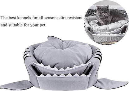 Cat Litter Hot Cat Mat Shark-Shaped House Warm Kennel Kitten Bed One Mat Two Usage Shark Bed for Small Cats Dog Cave Cozy Bed Removable （Light Grey）