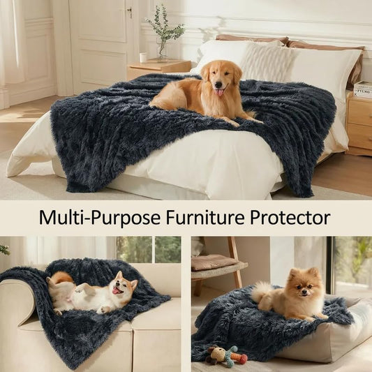 Waterproof Dog Blanket Pet Throw Blankets Fluffy Long Faux Fur Reversible Puppy Blankets 85x57in Furniture Protector Cover for Sofa Bed Couch Bed Cover Washable for Dogs Cats (Grey XL)