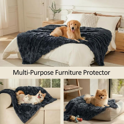 Waterproof Dog Blanket Pet Throw Blankets Fluffy Long Faux Fur Reversible Puppy Blankets 40x28in Furniture Protector Cover for Sofa Bed Couch Bed Cover Washable for Dogs Cats (Grey S)