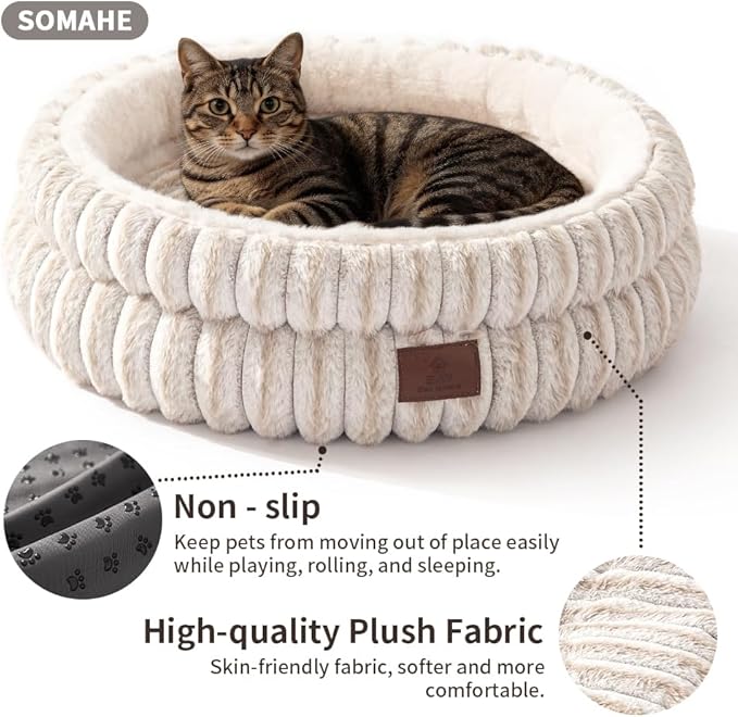 Cat Bed, Round Plush Faux Fur Donut Cuddler – Machine Washable Calming Cat Bed for Indoor Cats & Kittens, Removable Cushion Non-Slip Fluffy Kitten Bed, Cozy Small Cat Nest, 20" Inch White