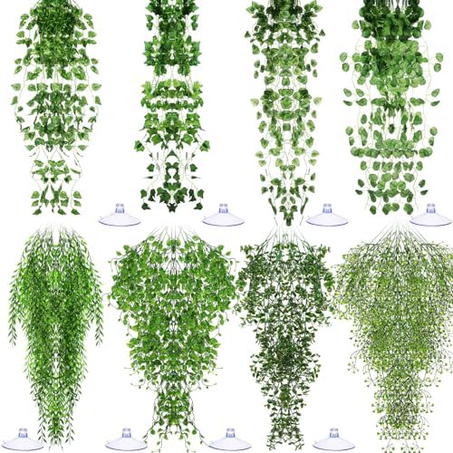 Suncalla 8 Pack Reptile Plants Terrarium Hanging Plant Vine Boston Climbing Terrarium Plant with Suction Cup for Bearded Dragons Lizard Crested Gecko Snake Crab Tank(Petite Leaf Series,Multiple Green)