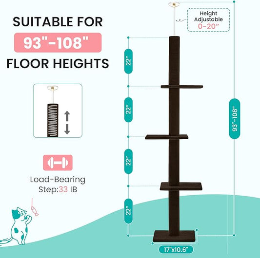 Max & Marlow Cat Tree Floor to Ceiling Cat Tower Height 95-108" Adjustable Kitten Tree Tall Climbing Tree with Carpet Scratching Post and Mat Cat Pole for Indoor Cats,Dark Brown