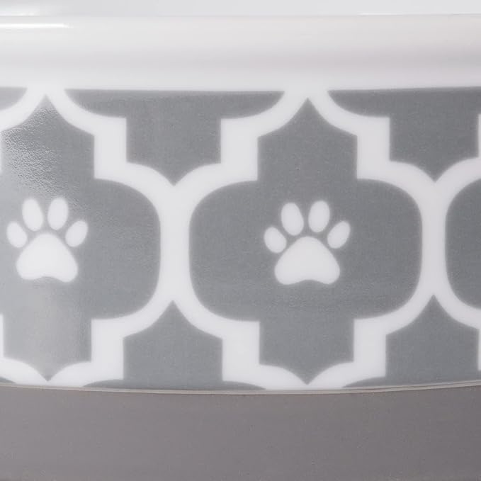 Bone Dry Paw Print Ceramic Pet Bowl, Lattice Collection, Large Set, 7.5x2.4", Gray, 2 Count