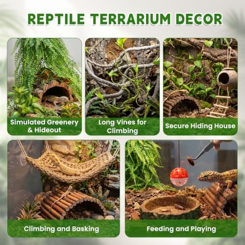 Alotiki Bearded Dragon Tank Accessories, 19 Pcs Reptile Plants Vines and Leaves Crested Gecko Tank, Hammock Flexible Bridge, Jungle Climber for Snake Lizard Chameleon Terrarium Decor