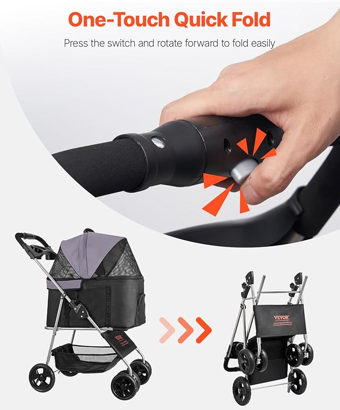 VEVOR Pet Stroller, 35 lbs Weight Capacity, Foldable Dog Stroller Cart, 4 Wheels Cats Strollers with with Detachable Carrier & Mesh Windows, Portable Design with Brake for Small to Medium Pets