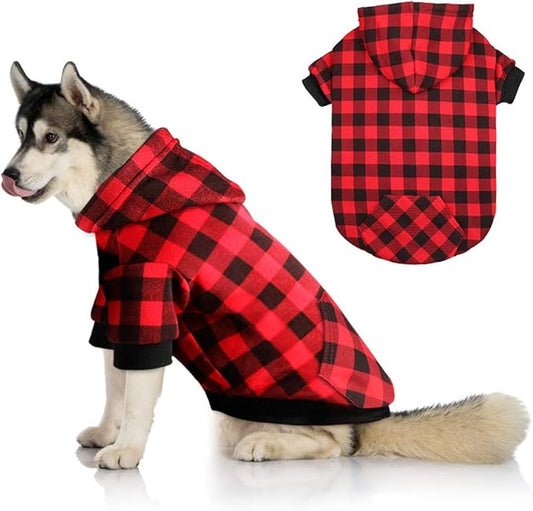 Red Plaid Dog Hoodie Sweater for Large Dogs Pet Clothes with Hat and Pocket（L）