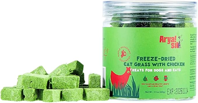 Arya Sit! Freeze-Dried Cat Grass with Chicken Bites – Natural Hairball Control · Supports Digestive Health · High Protein · No Artificial Ingredients