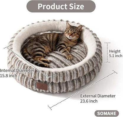 Cat Bed, Round Plush Faux Fur Donut Cuddler – Machine Washable Calming Cat Bed for Indoor Cats & Kittens, Removable Cushion Non-Slip Fluffy Kitten Bed, Cozy Small Cat Nest, 20" Inch Coffee