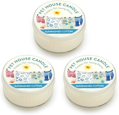 Pet House Mini Candles for Pet Odor Made with Natural Soy Wax, Plant Based, Dog and Cat Friendly Scented, Sunwashed Cotton Pack of 3