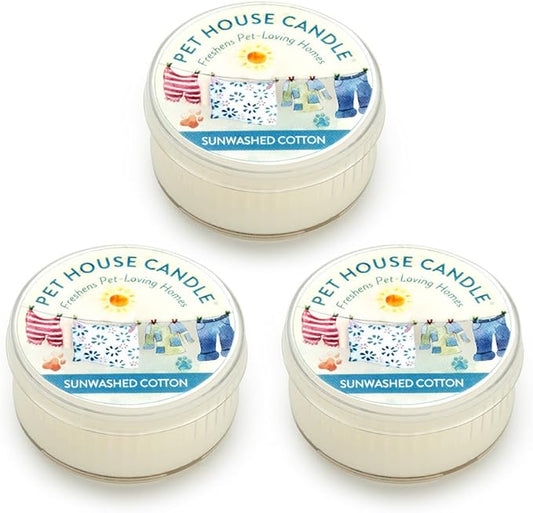 Pet House Mini Candles for Pet Odor Made with Natural Soy Wax, Plant Based, Dog and Cat Friendly Scented, Sunwashed Cotton Pack of 3