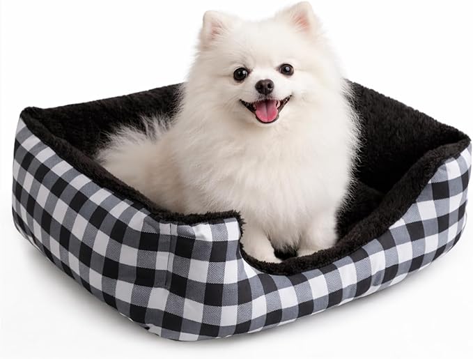 Hollypet Rectangle Plush Dog Cat Bed Self-Warming Pet Bed, Black Check