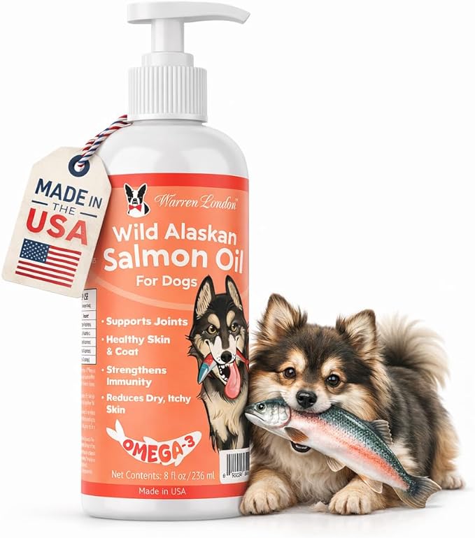 Warren London Wild Alaskan Salmon Oil for Dogs – Omega-3 Fish Oil Food Topper Pump with EPA & DHA for Skin & Coat, Shedding, Joint & Immune Support – Made in USA, 8 oz