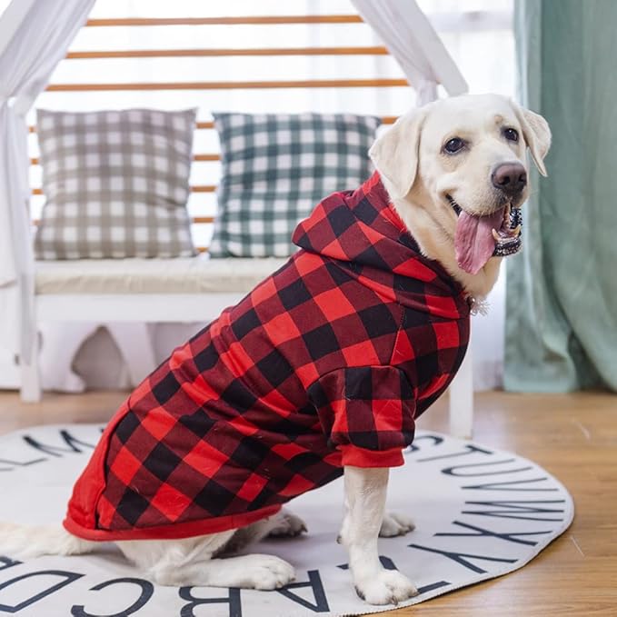 EXPAWLORER Plaid Dog Hoodie - British Style Warm Dog Sweater Shirt with Leash Hole,Pitbull Clothes Outfits,Winter Coat Apparel for All Breeds Puppy Girl Boy-Cat Apparel,Buffalo Check Small
