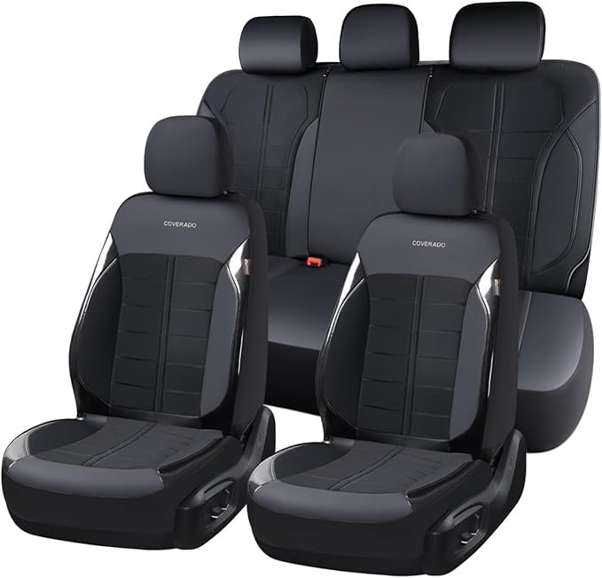 Coverado 3D Air Mesh Car Seat Cover Full Set, Sports Carbon Fiber Design, Breathable Seat Protectors Airbag Compatible Comfort Universal for Most Cars, Van,Trucks, SUV, Black