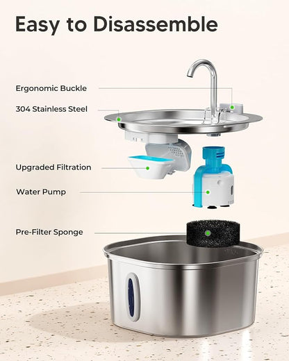 PEKTACO Cat Water Fountain, 3.2L/108oz Stainless Steel Pet Water Fountain | Cat drinking fountain, dishwasher safe, with triple filtration, quiet pump, and visible water window for cats and small pets