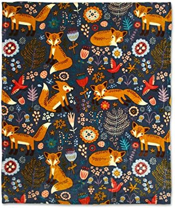 Lush Decor Pixie Fox Sherpa Throw Blanket 50”W x 60"L Navy & Orange - Sherpa Blankets - Toddler Blanket For Bed - Navy Girls Room Decor - Floral Throw