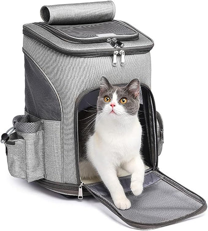 Wheeled Pet Carrier Backpack Pet Stroller, Travel Carrier, Car Seat for Small Dogs Cats Puppies, Comfort Cat Backpack Removable Rolling Wheels – Mesh Ventilation Windows (Grey)