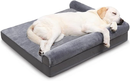 KSIIA Orthopedic Dog Bed Waterproof Flannel Bolster Couch with Egg Crate Foam for Large Dogs with Removable Washable Cover & Nonskid Bottom, 48 x 35 Inch, Gray
