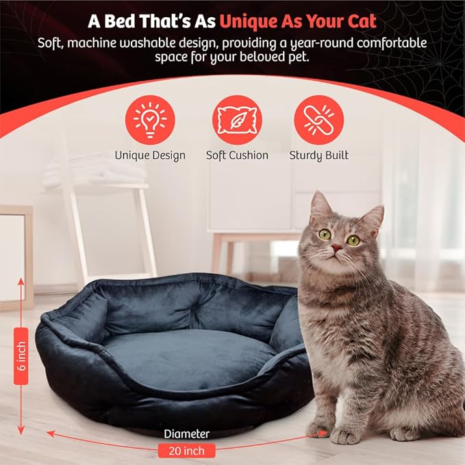 Gothic Cat Bed, 20 Inches Reversible Red and Black Cat Bed for Indoor Cats, Super Soft Plush Pet Bed with Cozy Spider Web Pillow and Secure Non-Slip Bottom