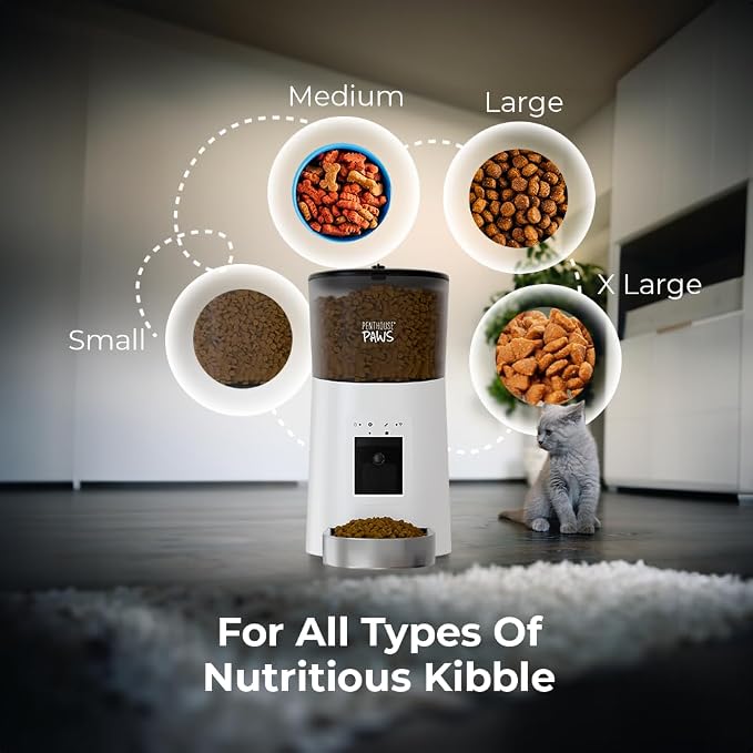 Smart HD Pet Feeder, 6L Dry Food Capacity, 1080p Camera, 2-Way Audio, Scheduled Meals, Backup Power, Easy to Clean, Anti-Jam Design for Cat & Dog, White/Stainless Steel