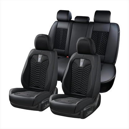 Coverado Car Seat Covers Full Set, 5 Seats Universal Seat Covers for Cars, Breathable Fabric& Faux Leather Auto Seat Cushions, Front and Rear Seat Protectors Fit for Most Sedans SUV Truck, Black