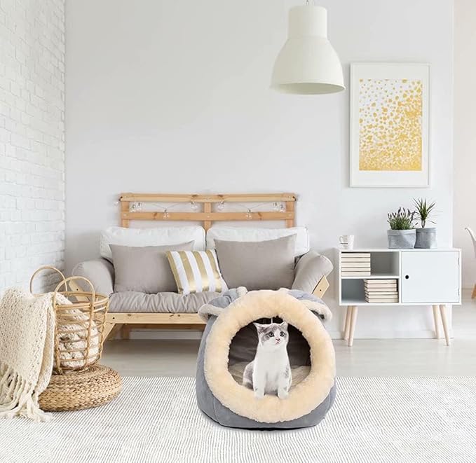 Cat Beds for Indoor Cats - Small Dog Bed with Anti-Slip Bottom, Rabbit-Shaped Cat/Small Dog Cave with Hanging Toy, Puppy Bed with Removable Cotton Pad, Super Soft Calming Pet Sofa Bed (Grey M)