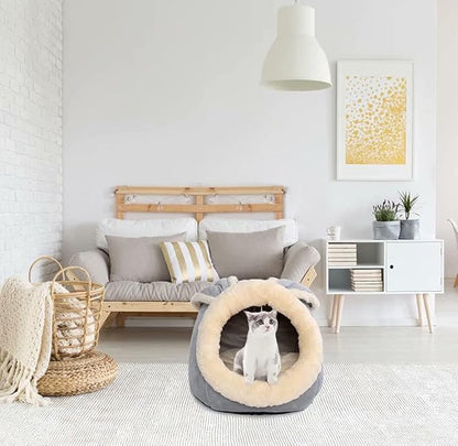 Cat Beds for Indoor Cats - Small Dog Bed with Anti-Slip Bottom, Rabbit-Shaped Cat/Small Dog Cave with Hanging Toy, Puppy Bed with Removable Cotton Pad, Super Soft Calming Pet Sofa Bed (Grey M)