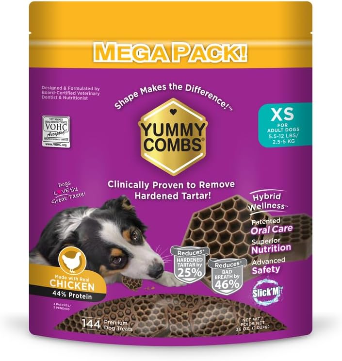 Yummy Combs Dog Dental Treats – Vet VOHC Approved – Delicious Chicken Protein – Removes Tartar with Cleaning Comb Shape – Dental Dog Treats for Extra Small Dogs (36oz, 144 Count)