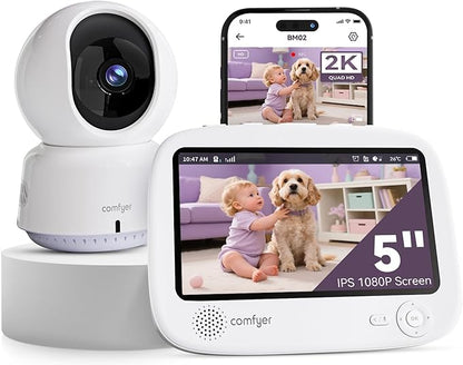 Comfyer Hybrid Video No WiFi & Smart WiFi Baby Monitor - 5" 1080P Split Screen & 2K Camera App Control, Motion Alerts, Sound Detection, HD Night Vision, 5050mAh Battery,Triple Security, 1600ft Range
