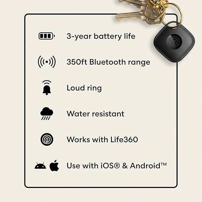 Life360 Tile - Bluetooth Tracker, Keys Finder and Item Locator for Keys, Bags and More. Phone Finder. Both iOS and Android Compatible. 1-Pack (White)