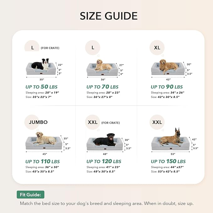 Orthopedic Dog Beds for Extra Large Sized Dogs, Waterproof Memory Foam XL Pet Bed with Sides 48x30Inch, Non-Slip and Egg-Crate Foam Big Dog Couch Bed with Removable Washable Cover, Light Grey