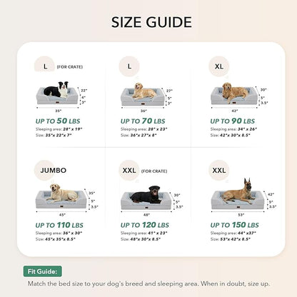 Orthopedic Dog Beds for Large Sized Dogs, Waterproof Memory Foam Large Pet Bed with Sides 35x22Inch, Non-Slip and Egg-Crate Foam Big Dog Couch Bed with Removable Washable Cover, Light Grey