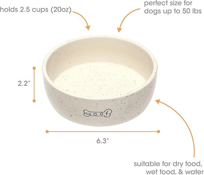 Pearhead Ceramic Dog Bowl – “Woof” Speckled Pet Food & Water Dish, Durable Stoneware, Non-Slip Heavy Base, 20 oz, Medium