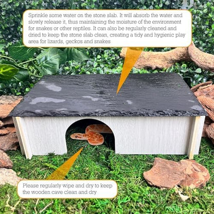 PINVNBY Bearded Dragon Basking Platform, Wood Reptile Hides and Caves, Crested Gecko Hide with Slate Rock, Leopard Gecko Tank Accessories for Small Lizard Snake (M: 9.84x5.9x2.76 inches)