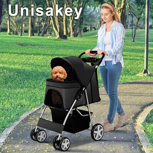 Unisakey Foldable 4-Wheel Pet Stroller for Dogs Cats 10-33lbs, Black