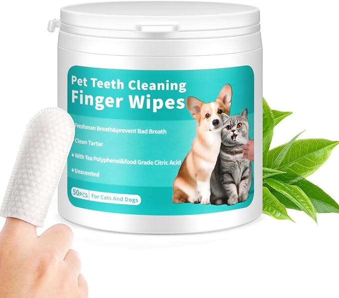 Dog Teeth Cleaning Wipes,Safe & Nautre Pet Dental Finger Wipes Help Dogs and Cats Remove Plaque&Tartar,Disposable Cat Dental Care Wipes 50 Counts (Odorless)