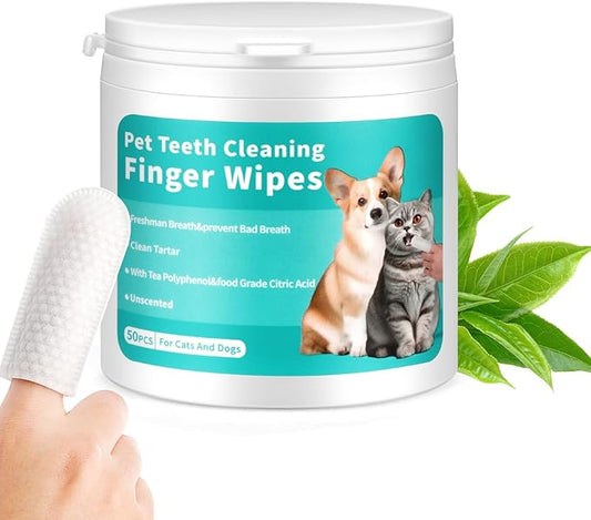 Dog Teeth Cleaning Wipes,Safe & Nautre Pet Dental Finger Wipes Help Dogs and Cats Remove Plaque&Tartar,Disposable Cat Dental Care Wipes 50 Counts (Odorless)
